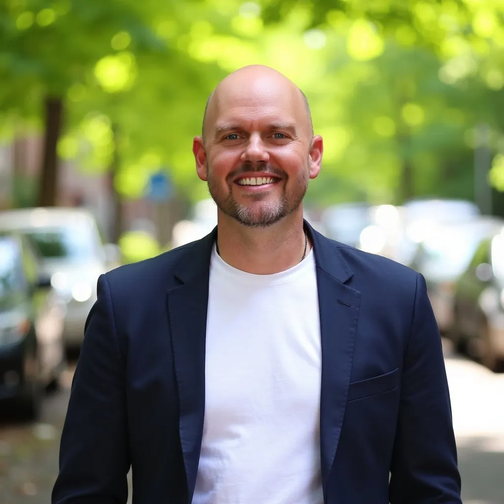 Portrait of Jeff D. Harmon smiling on a tree-lined street